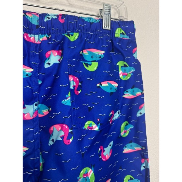 Lands' End Boys XL Swim Trunks Deep Sea Multi Sharks Navy Blue 14-16H Drawstring - Picture 4 of 11